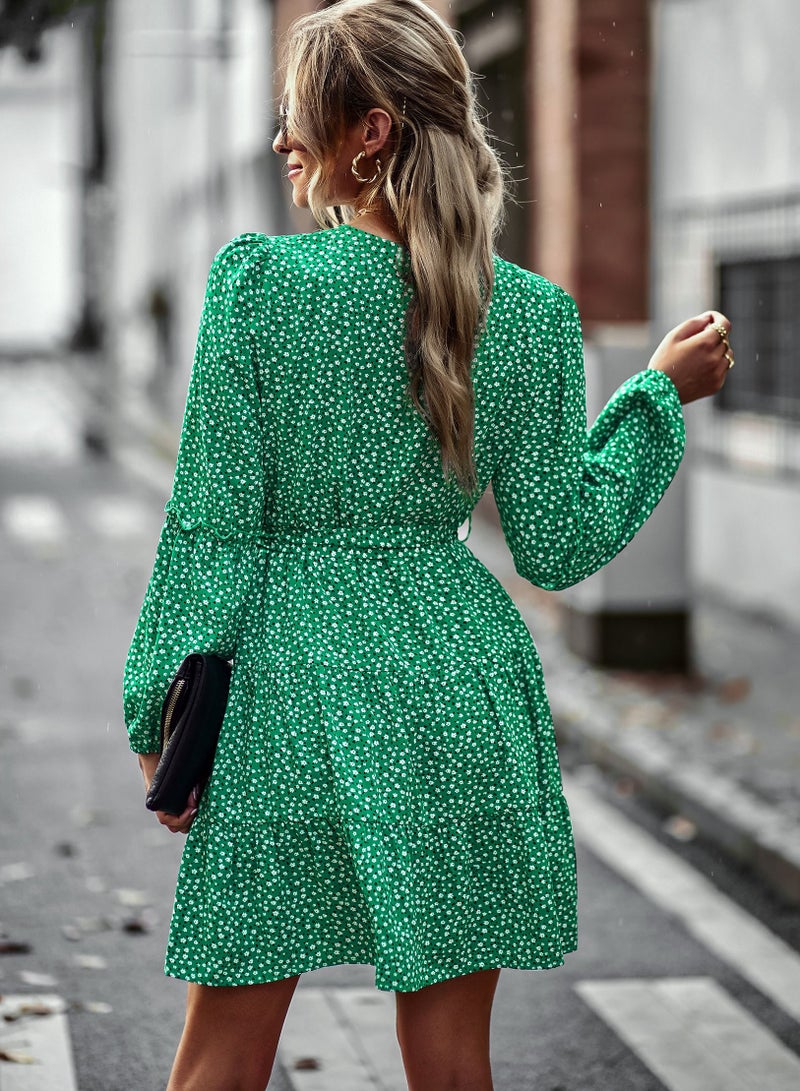 Loquat Waist Slim Temperament Dress New Print Green  - Image 2