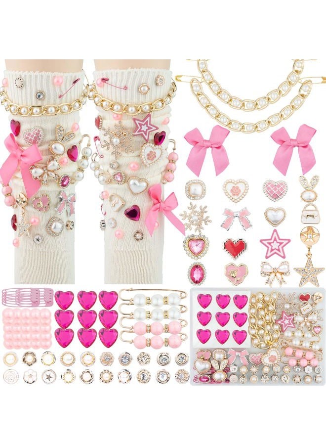 DoDoBeads 87 Pcs Junk Socks Charms Kit, Gold and Pink Charms for Socks, Brooches and Pins for Women, ShoeCharms with Bows, Sneakers DIY Kit with Pearls Rhinestones Chains - Image 1