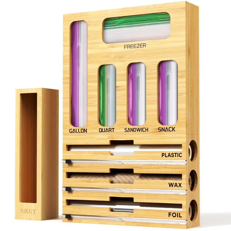 NIKUY 9 IN 1 Bamboo Foil and Plastic Wrap Organizer for Kitchen Drawer Plastic Bag Organizer Organization and Storage Food Storage Bag Organizer with Labels for Quart Gallon Snack Sandwich Bag