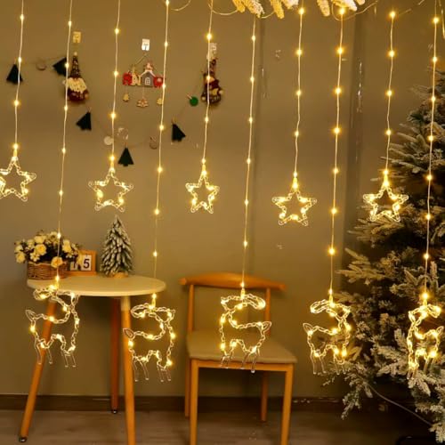 The Purple Tree Decorative Christmas Reindeer Curtain Lights for Christmas (2.5 mtr, 138 LED, 5+5), Warm White Curtain String Lights with 8 Flashing Modes, Decoration for Christmas - Image 1