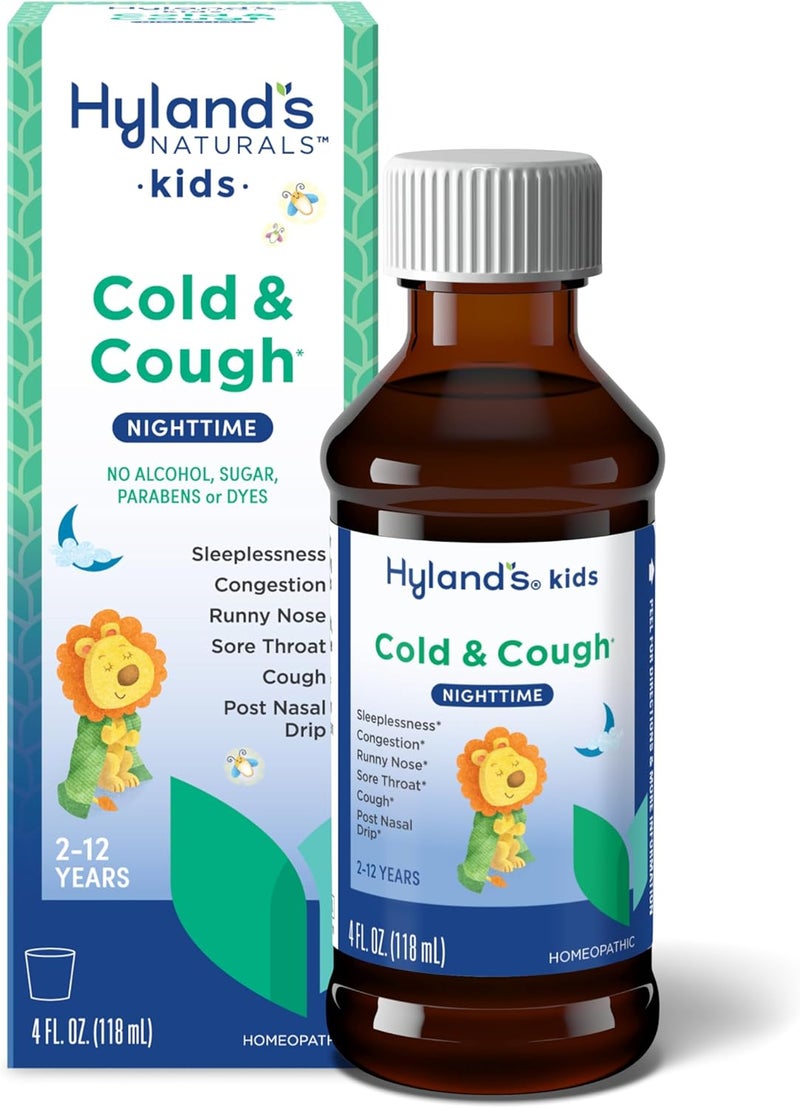 Hyland's Kids Cold and Cough Nighttime Cough Syrup Medicine for Kids Ages 2 and up Decongestant Sore Throat relief and Sleeplessness Relief of Common Cold Symptoms 4 Fl Oz - Image 1