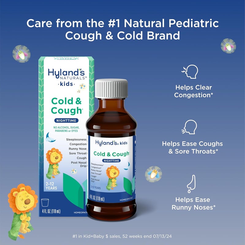 Hyland's Kids Cold and Cough Nighttime Cough Syrup Medicine for Kids Ages 2 and up Decongestant Sore Throat relief and Sleeplessness Relief of Common Cold Symptoms 4 Fl Oz - Image 2
