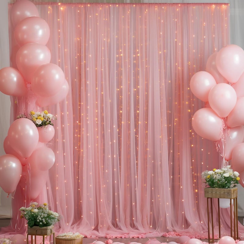 Shillance 10ft x 10ft Dusty Rose Backdrop Curtain with Lights String for Parties, Sheer Tulle Wedding Photo Backdrops Drapes for Baby Shower Birthday Party Decorations Background for Photography - Image 4