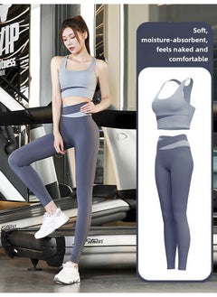New Color-Block Yoga Suit Shockproof High-Waist Sports Set Grey Lake Blue Bra + Fragrant Whale Blue Pants