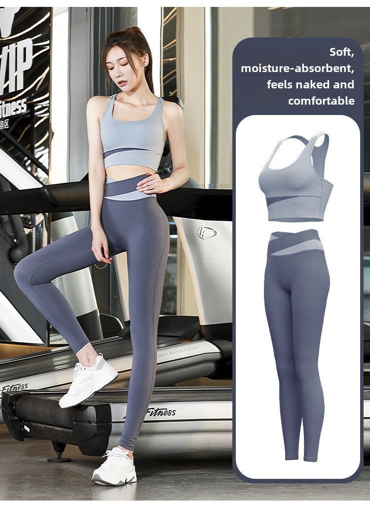 Generic - New Color-Block Yoga Suit Shockproof High-Waist Sports Set Grey Lake Blue Bra + Fragrant Whale Blue Pants - Image 1