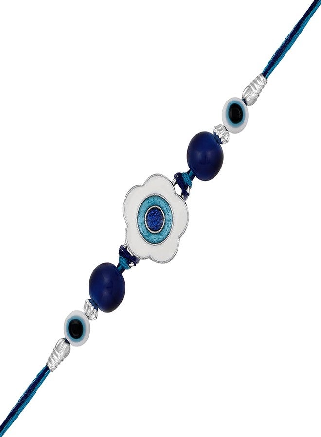 Mahi Rhodium Plated Blue and White Meenakari Work Floral Evil Eye Rakhi for Brother (RA1100730R) - Image 1