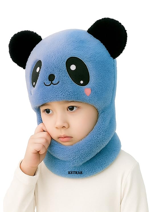 KETKAR Winter Woolen Kids Cap with Ear & Neck Protection | Panda Design Beanie Hat for Boys & Girls (Age 2–5 Years) – Blue, 1 Count - Image 3