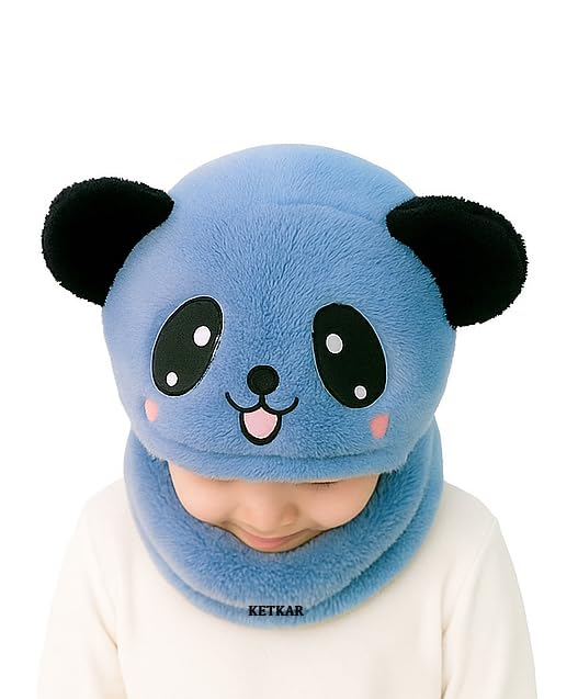 KETKAR Winter Woolen Kids Cap with Ear & Neck Protection | Panda Design Beanie Hat for Boys & Girls (Age 2–5 Years) – Blue, 1 Count - Image 4