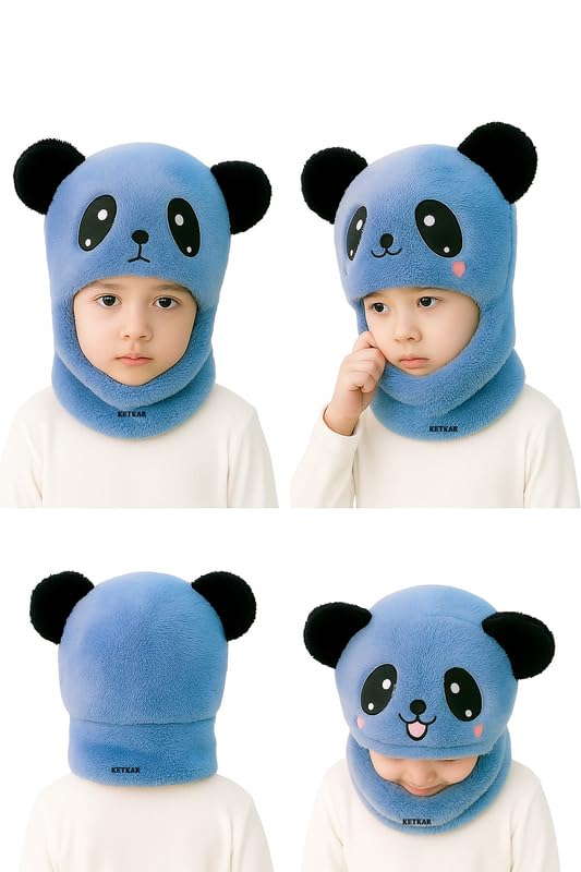 KETKAR Winter Woolen Kids Cap with Ear & Neck Protection | Panda Design Beanie Hat for Boys & Girls (Age 2–5 Years) – Blue, 1 Count - Image 5