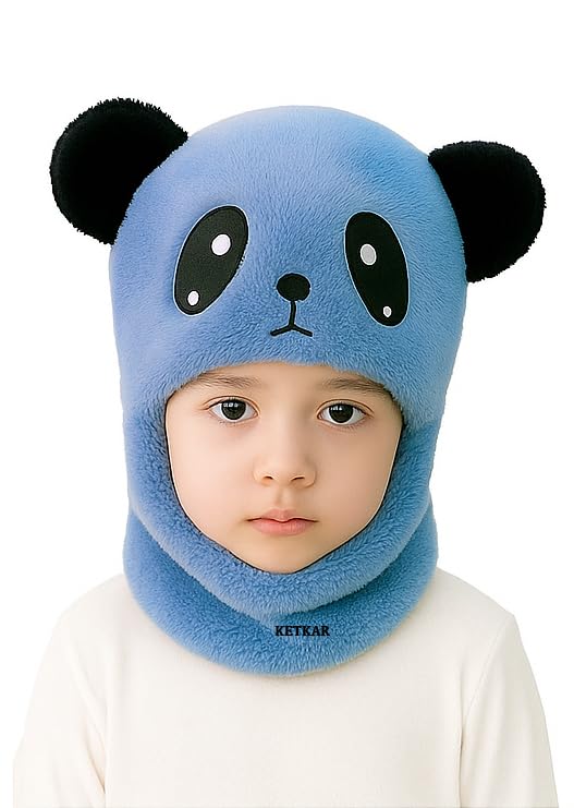 KETKAR Winter Woolen Kids Cap with Ear & Neck Protection | Panda Design Beanie Hat for Boys & Girls (Age 2–5 Years) – Blue, 1 Count - Image 1