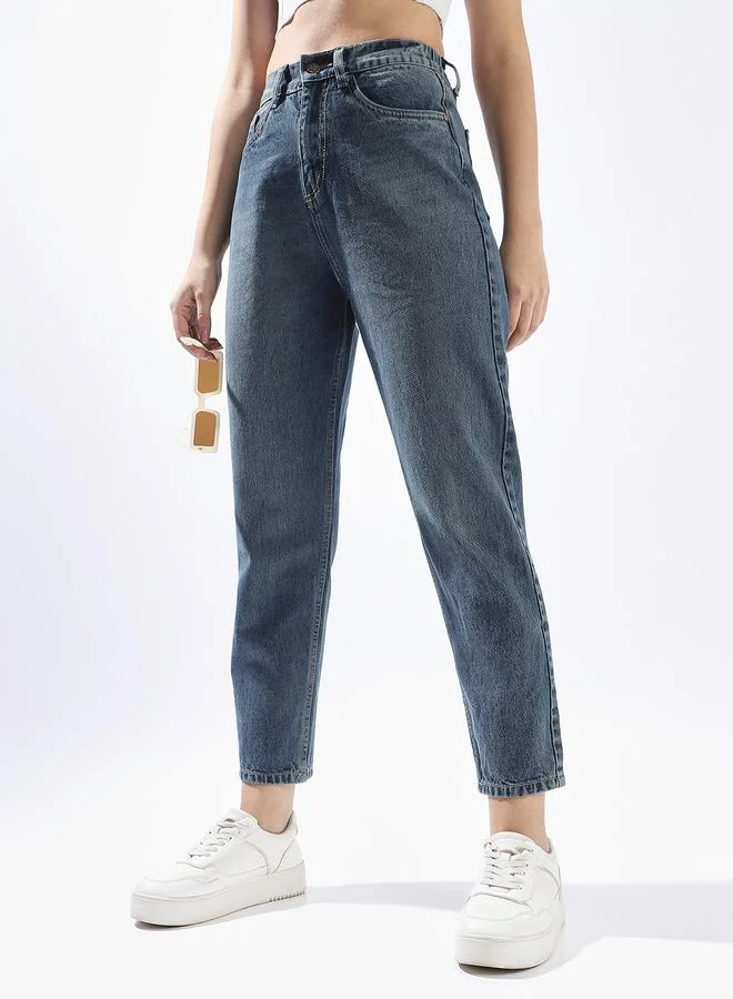 هاي ستار جينز نسائي بقصة أمي وخصر مرتفع من القطن المرن مع تلاشي خفيف وقصة قصيرة