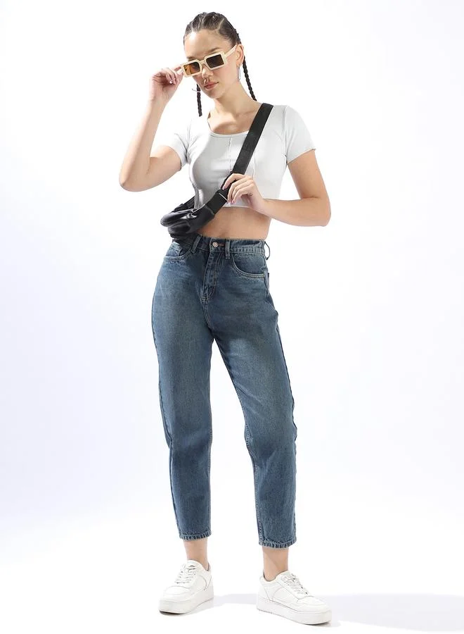 Women Mom Fit High-Rise Light Fade Cotton Elasticated waist Crop Jeans