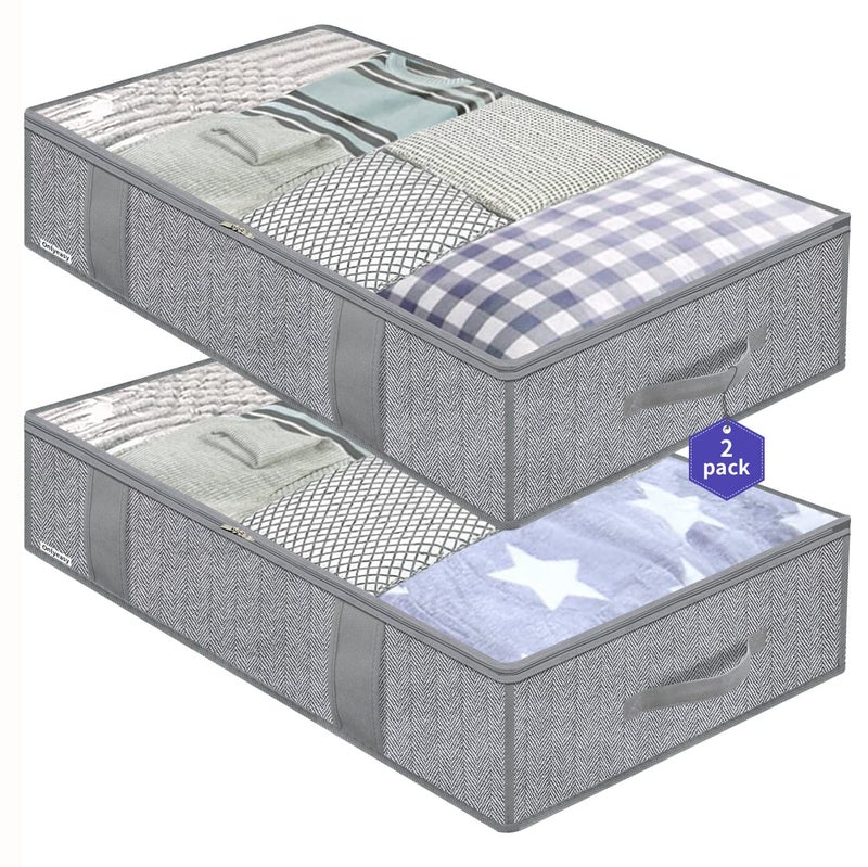 Onlyeasy Large Underbed Storage Bags Organizer Container (2 Pack) with 4 Handles and 2 Sturdy Zippers, Blankets Clothes Comforters Foldable Storage Bags with Clear Window, Herringbone Grey, MXRUBBP2 - Image 1