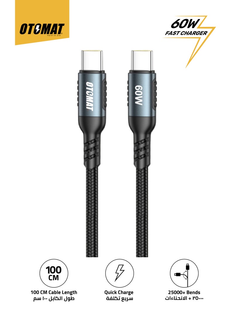 OTOMAT 60W Fast Charging Type C to Type C Cable 1M, High-Speed Data Transfer, Nylon Braided, Aluminum Alloy, Quick Charge for iPhone 16/15 Pro Max, iPad Mini 6, MacBook Pro/Air M3/M2/M1, iPad Pro, Samsung S24/S23 Ultra, Laptops, Lenovo, Dell, Xiaomi – Suitable for All Type C Mobiles, Laptops, and Tabs – Black - Image 1