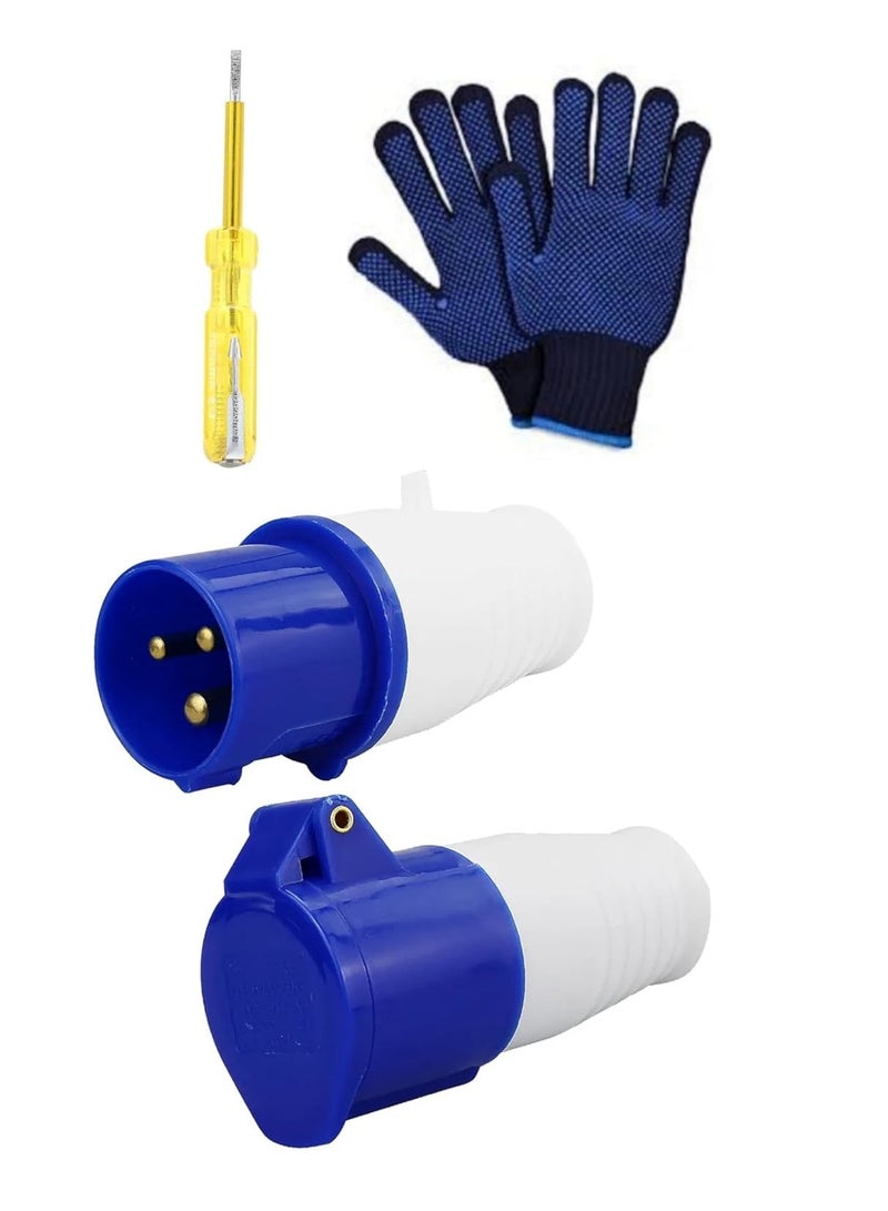 ABBASALI 16A 240V Site Trailing Plug & Socket 230V 16A 3 Pin PCE 240 Volt Blue Hook Up, Weather Proof Industrial Socket, IP44 Industrial 16A Plug & Sockets Blue With 1Pc Tester & 1Pair Gloves (6 Set)  - Image 1