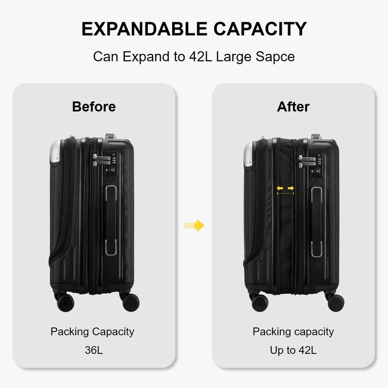 LEVEL8 Grace Hard Shell Carry on Luggage with Front Compartment, 20 Inch Expandable Suitcases with Wheels, Lightweight Carry-on Suitcase for Airplane, Tsa Lock, Black - Image 4