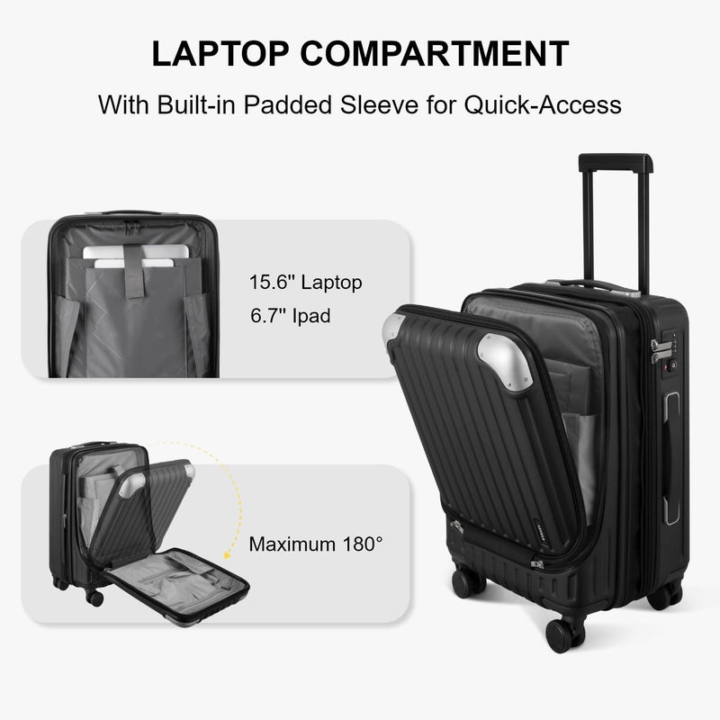 LEVEL8 Grace Hard Shell Carry on Luggage with Front Compartment, 20 Inch Expandable Suitcases with Wheels, Lightweight Carry-on Suitcase for Airplane, Tsa Lock, Black - Image 3