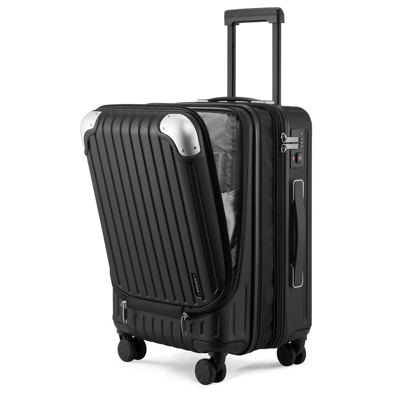 LEVEL8 Grace Hard Shell Carry on Luggage with Front Compartment, 20 Inch Expandable Suitcases with Wheels, Lightweight Carry-on Suitcase for Airplane, Tsa Lock, Black - Image 1