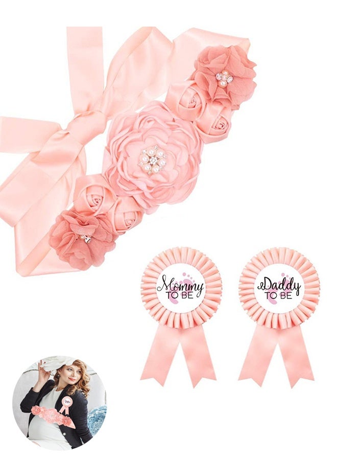 Mommy to Be u0026 Daddy to Be Ribbons Flower Belly Belt Set - Ideal for Baby Shower Celebrations - Image 1
