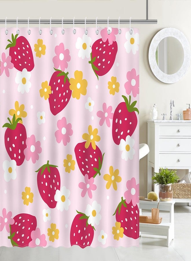 Mocsicka Cute Strawberry Shower Curtain Pink Strawberry Floral Bathroom Shower Curtain Funky Strawberry Waterproof Fabric Shower Curtain Bathtub Decor with 12 Hooks 72 X 72 Inch - Image 1