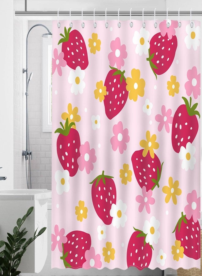 Mocsicka Cute Strawberry Shower Curtain Pink Strawberry Floral Bathroom Shower Curtain Funky Strawberry Waterproof Fabric Shower Curtain Bathtub Decor with 12 Hooks 72 X 72 Inch - Image 2