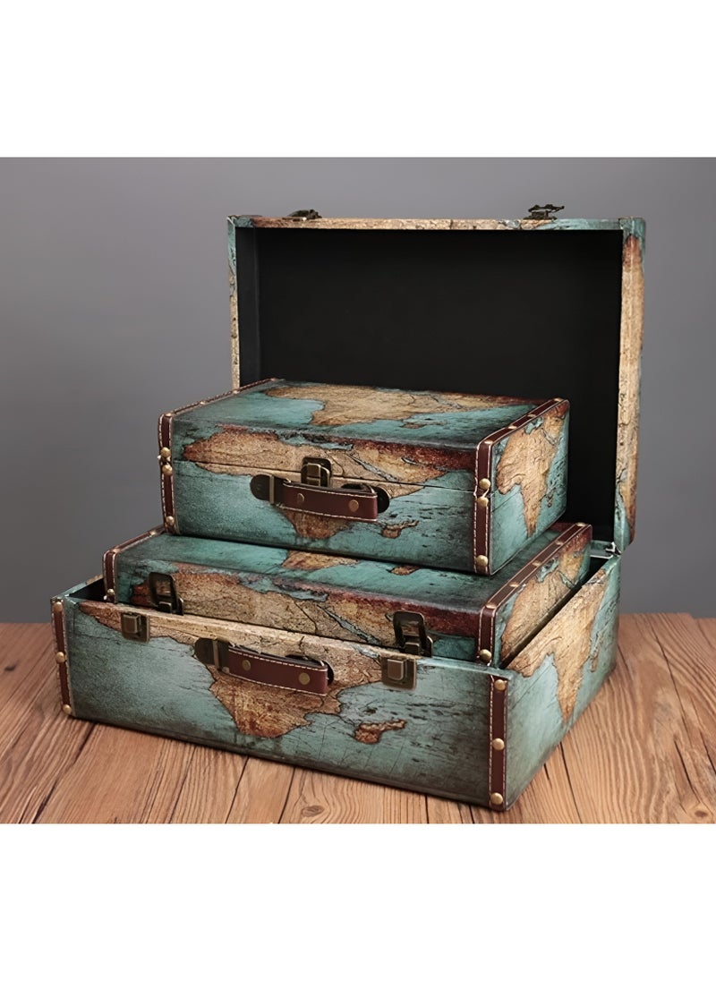 Generic - 3 Piece Set Suitcase Boxes with Handle, Vintage Plane & Suitcase Decor, Blue World Map & Travel Themed Boxes for Party Decorations, Paperboard Luggage Props, Decorative Storage Boxes with Lid - Image 1