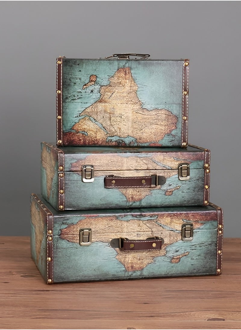 Generic - 3 Piece Set Suitcase Boxes with Handle, Vintage Plane & Suitcase Decor, Blue World Map & Travel Themed Boxes for Party Decorations, Paperboard Luggage Props, Decorative Storage Boxes with Lid - Image 1