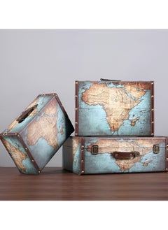 3 Piece Set Suitcase Boxes with Handle, Vintage Plane & Suitcase Decor, Blue World Map & Travel Themed Boxes for Party Decorations, Paperboard Luggage Props, Decorative Storage Boxes with Lid