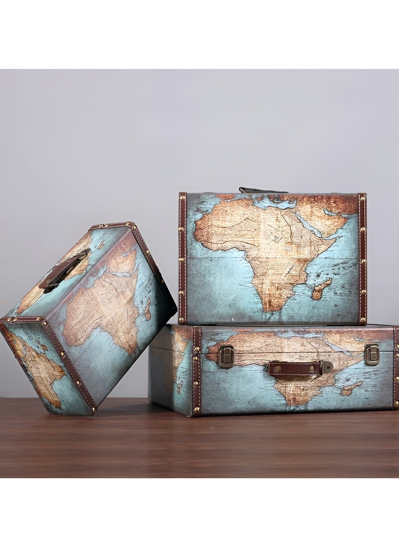 Generic - 3 Piece Set Suitcase Boxes with Handle, Vintage Plane & Suitcase Decor, Blue World Map & Travel Themed Boxes for Party Decorations, Paperboard Luggage Props, Decorative Storage Boxes with Lid - Image 1