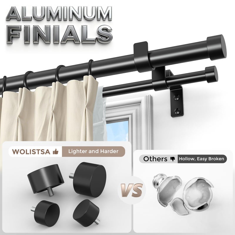 Wolistsa Black Double Curtain Rod, 72 to 144 Inch Extra Long Dual Curtain Rods with Aluminium Modern End Cap Finial, 1 Inch Adjustable Heavy Duty Window Treatment Rods, Telescopic Metal Double Drapery Pole Set - Image 2