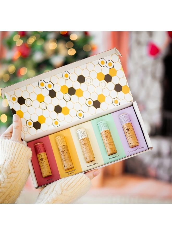 Bee Bella Lip Balm Variety Pack Gift Set, Moisturizing Lip Care, 100% Natural, Handmade in USA, Assorted Mix Set – Cherry, Pomegranate Mango, Vanilla Bean, Peppermint, & Lavender Vanilla