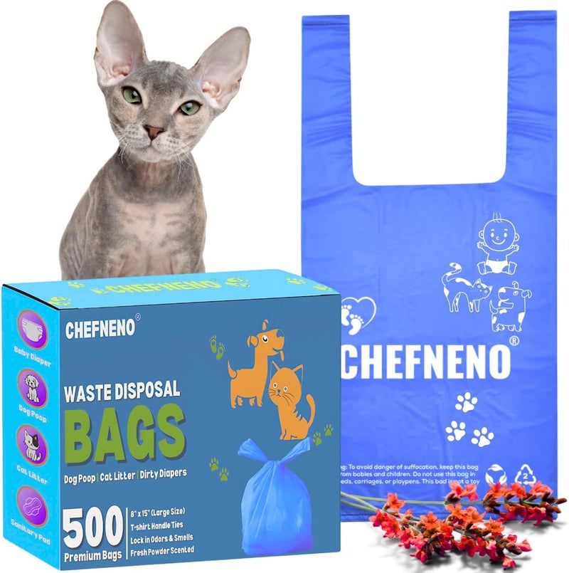 CHEFNENO أكياس نفايات براز الكلاب القابلة للتصرف وأكياس تكتل فضلات القطط وأكياس البراز مع مقابض سهلة الربط (500 كيس) مصنوعة باستخدام إضافات EPI TDPA (إضافات بلاستيكية قابلة للتحلل تمامًا) أكياس براز معطرة برائحة البودرة المنعشة (أزرق، 500 قطعة) - Image 1