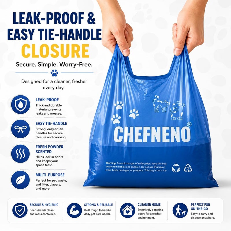CHEFNENO أكياس نفايات براز الكلاب القابلة للتصرف وأكياس تكتل فضلات القطط وأكياس البراز مع مقابض سهلة الربط (500 كيس) مصنوعة باستخدام إضافات EPI TDPA (إضافات بلاستيكية قابلة للتحلل تمامًا) أكياس براز معطرة برائحة البودرة المنعشة (أزرق، 500 قطعة) - Image 4