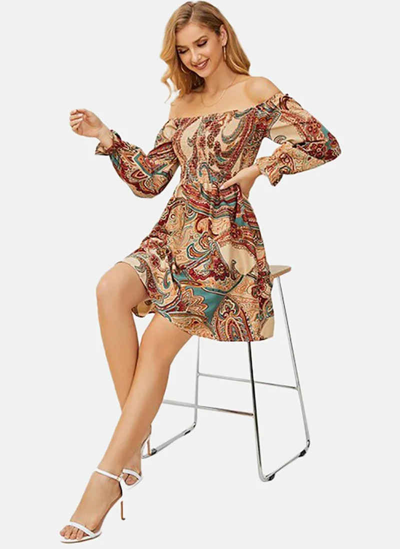 يونيكي Beige Floral Print Off-Shoulder Puff Sleeve Fit & Flare Dress