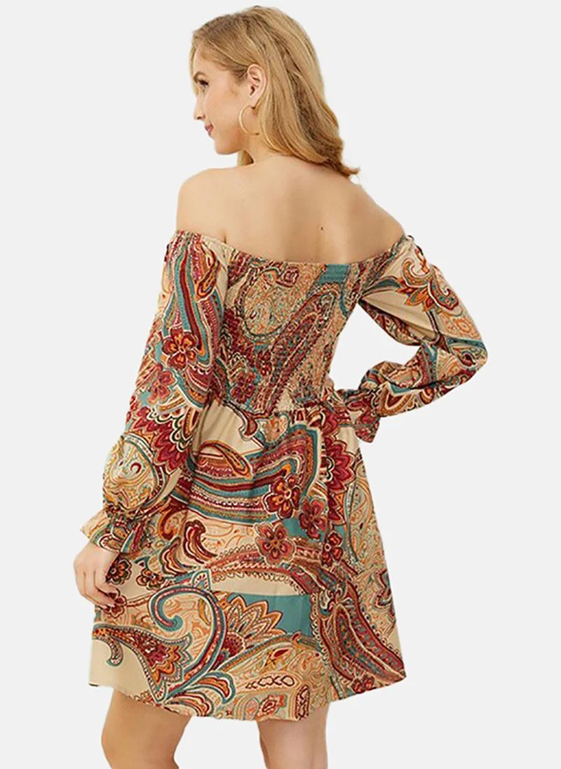 يونيكي Beige Floral Print Off-Shoulder Puff Sleeve Fit & Flare Dress