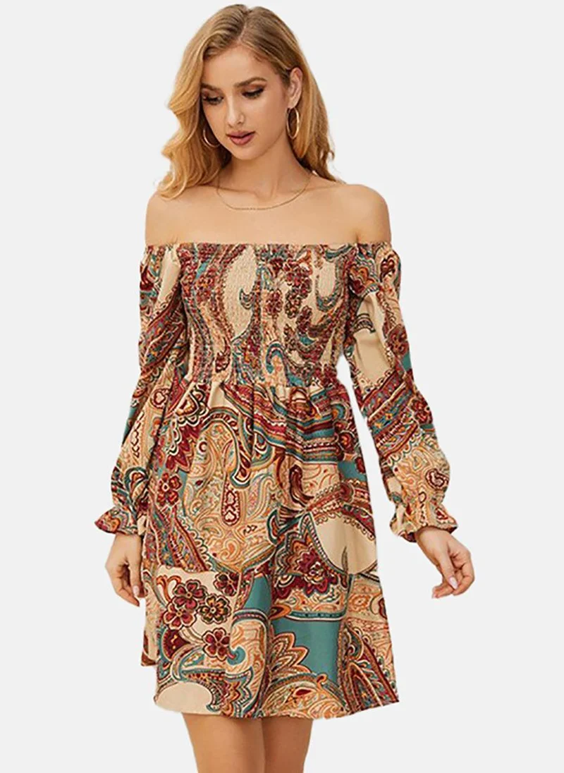 يونيكي Beige Floral Print Off-Shoulder Puff Sleeve Fit & Flare Dress
