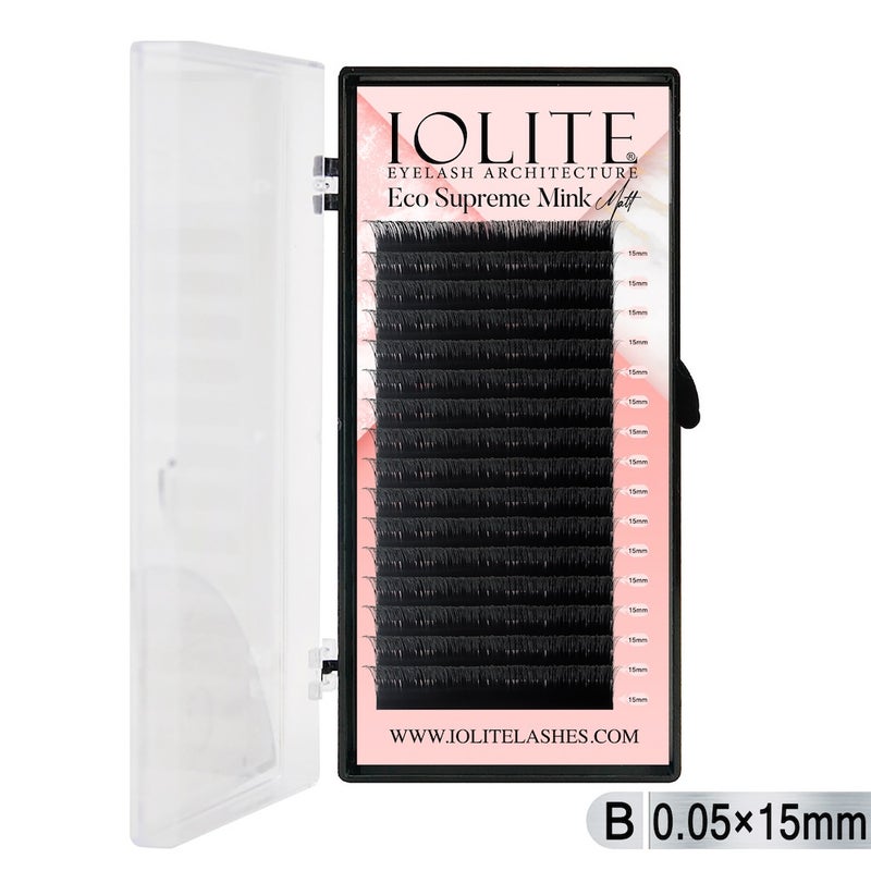 Iolite Eco Supreme Mink Matt Lash Extension Tray B - Curl - 0.05T (6mm–15mm) – Matt Finish, Premium Eco-Friendly Eyelashes for Lash Artists ISMMB5T - 15MM