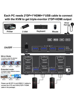 KASTWAVE مفتاح KVM مزود بثلاث شاشات و2 كمبيوتر بدقة 8K@60Hz و4K@144Hz ومنفذ HDMI+2 Displayport ومفتاح KVM مزود بثلاث شاشات و4 منافذ USB3.0 ولوحة مفاتيح وفأرة وجهاز تحكم عن بعد سلكي و5 كابلات متضمنة  - Image 4