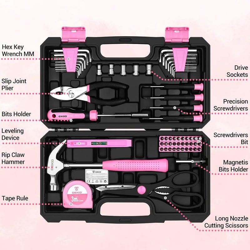 DEKO 62-Piece Pink Tool Kit for Women - Home DIY Hand Tool Set - Image 2