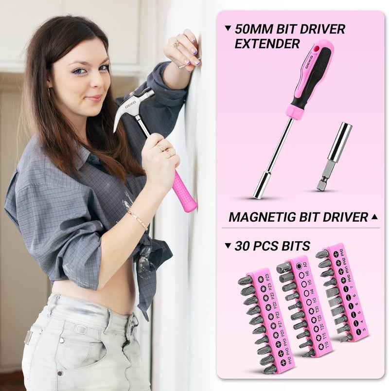 DEKO 62-Piece Pink Tool Kit for Women - Home DIY Hand Tool Set - Image 3