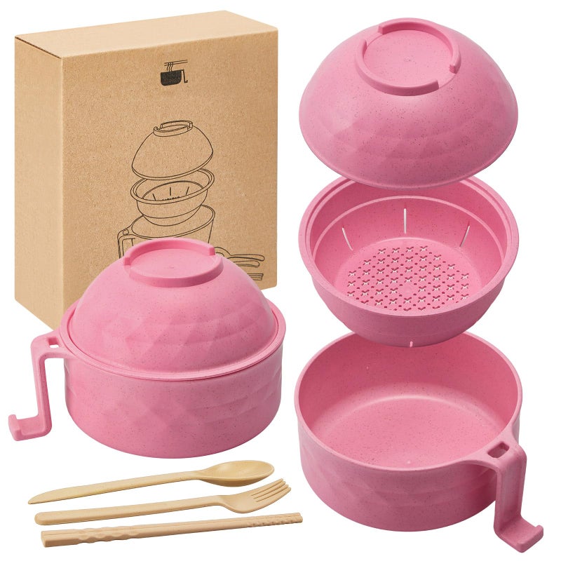 Romooa 1 Set Microwave Ramen Bowl Set 33 oz Wheat Straw Instant Ramen Cooker Set Portable Noodle Cooker with Handle Noodle Bowl with Spoon Chopsticks Fork College Dorm Room (Pink) - Image 1