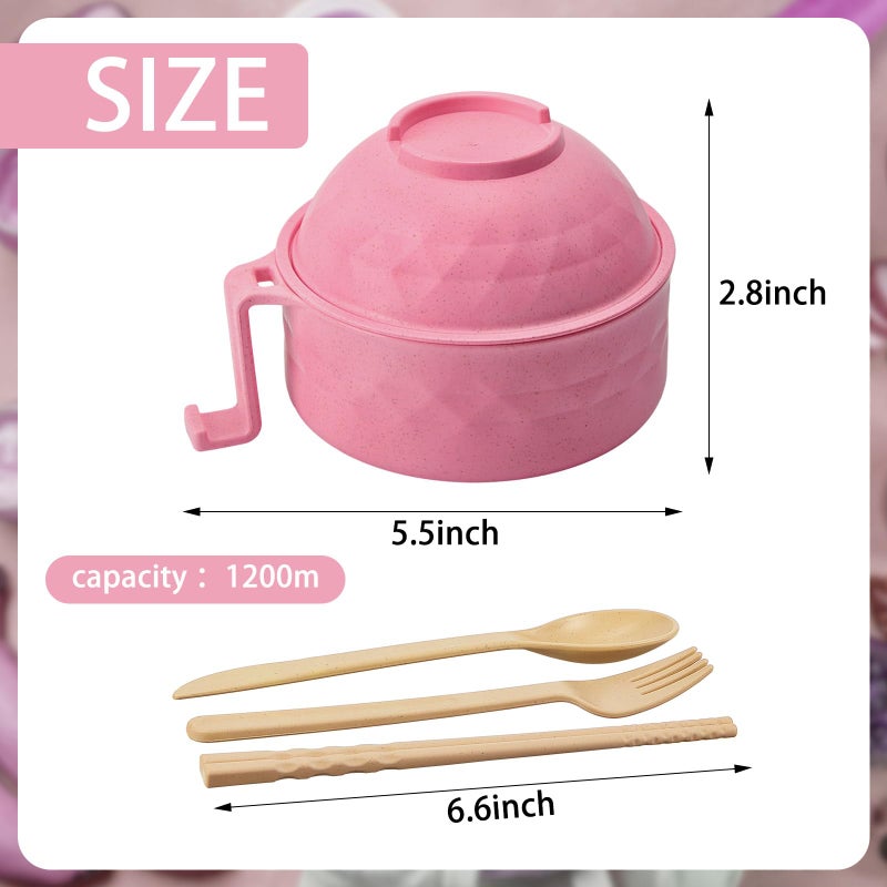 Romooa 1 Set Microwave Ramen Bowl Set 33 oz Wheat Straw Instant Ramen Cooker Set Portable Noodle Cooker with Handle Noodle Bowl with Spoon Chopsticks Fork College Dorm Room (Pink) - Image 2