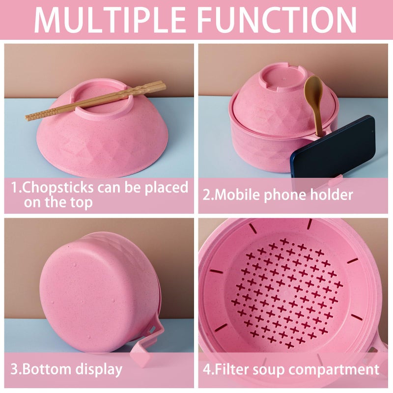 Romooa 1 Set Microwave Ramen Bowl Set 33 oz Wheat Straw Instant Ramen Cooker Set Portable Noodle Cooker with Handle Noodle Bowl with Spoon Chopsticks Fork College Dorm Room (Pink) - Image 3