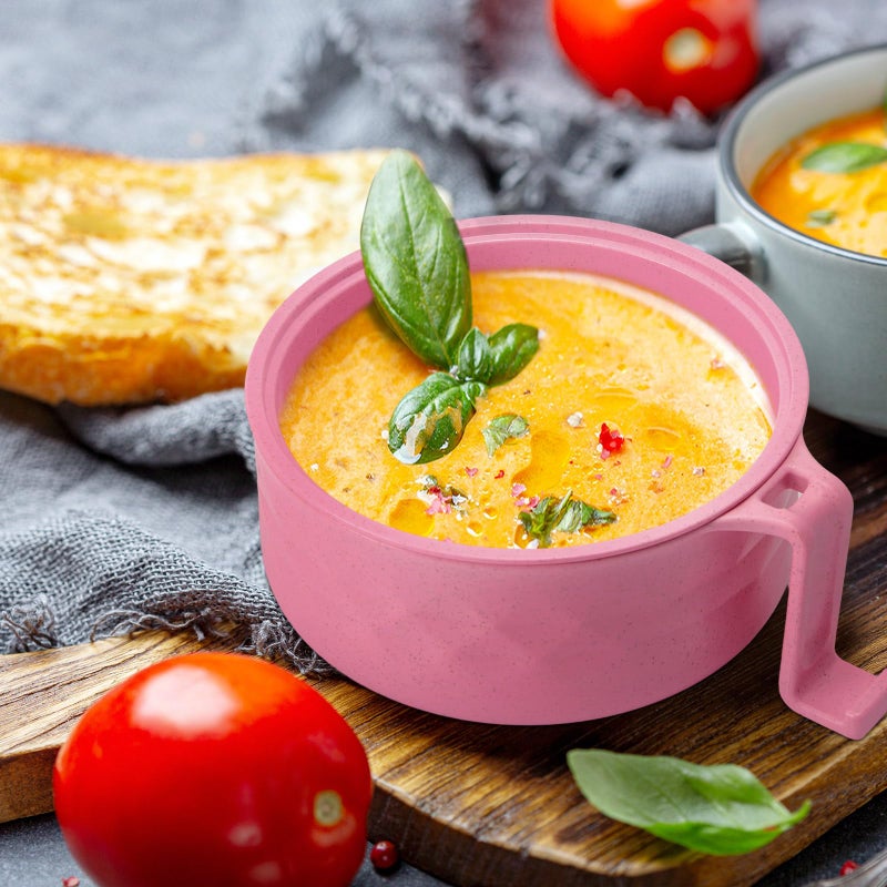 Romooa 1 Set Microwave Ramen Bowl Set 33 oz Wheat Straw Instant Ramen Cooker Set Portable Noodle Cooker with Handle Noodle Bowl with Spoon Chopsticks Fork College Dorm Room (Pink) - Image 5