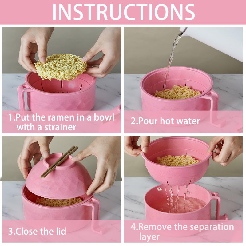 Romooa 1 Set Microwave Ramen Bowl Set 33 oz Wheat Straw Instant Ramen Cooker Set Portable Noodle Cooker with Handle Noodle Bowl with Spoon Chopsticks Fork College Dorm Room (Pink) - Image 4