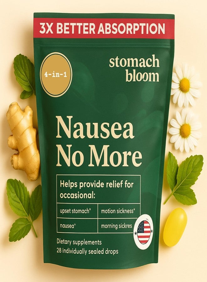 Stomach Bloom ستومك بلوم، زنجبيل سريع المفعول لتخفيف الغثيان | علاج عشبي لغثيان الحمل ودوار الصباح ودوار الحركة | زنجبيل، ليمون، نعناع، وفيتامين ب6. 28 قطرة مغلفة بشكل فردي. - Image 1