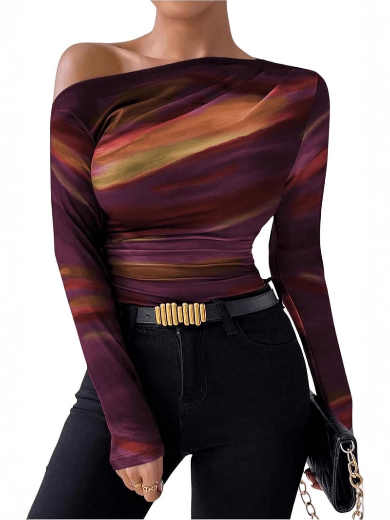 2024 Fashion Tie-Dye Printing Asymmetric Ruffled Long Sleeve T-Shirt - Image 3