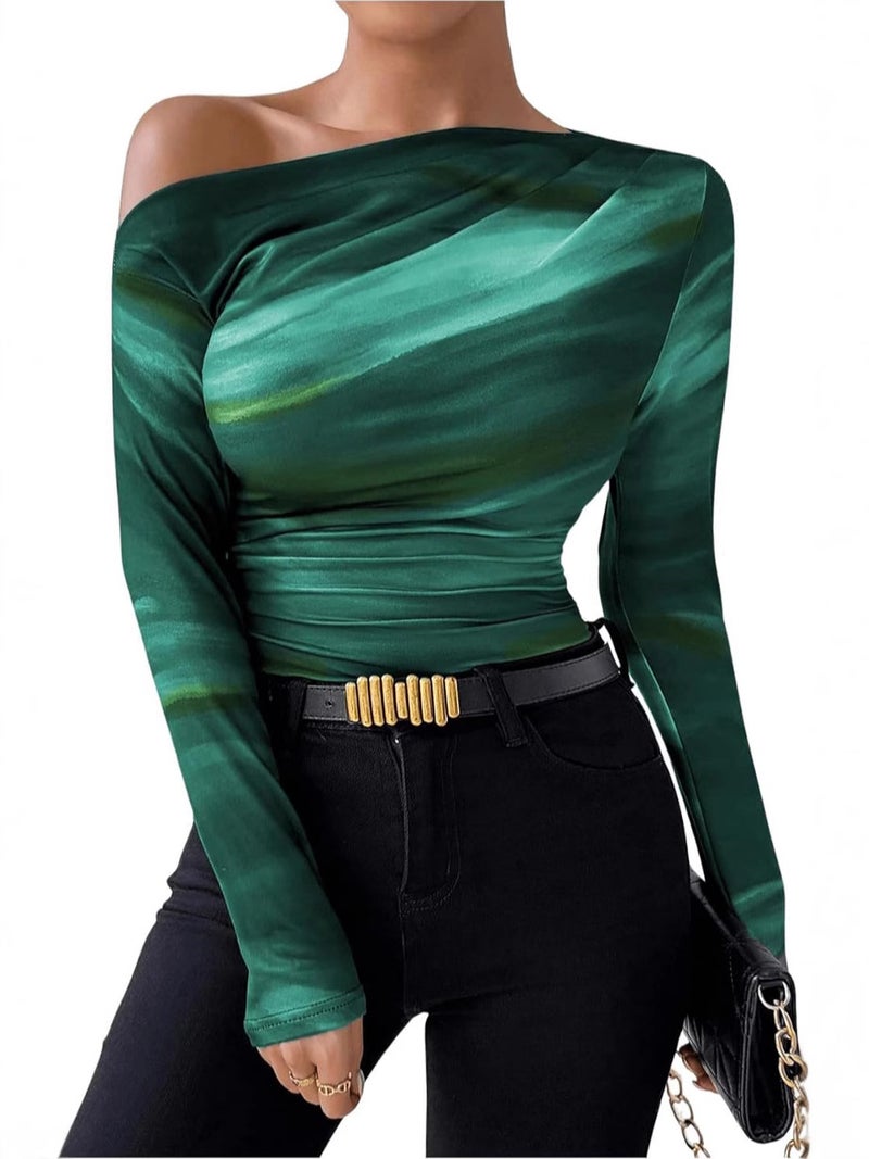 2024 Fashion Tie-Dye Printing Asymmetric Ruffled Long Sleeve T-Shirt - Image 4