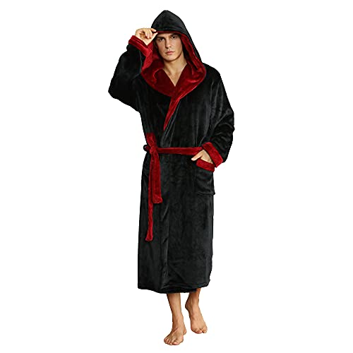 U2SKIIN روب حمام فليس مخصص للرجال من U2SKIIN مع غطاء رأس (أسود/أحمر داكن، L/XL) - Image 1