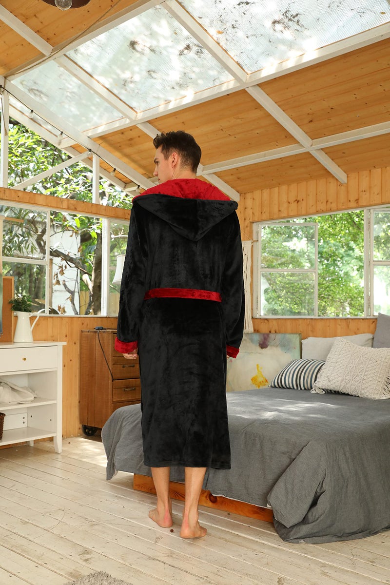 U2SKIIN روب حمام فليس مخصص للرجال من U2SKIIN مع غطاء رأس (أسود/أحمر داكن، L/XL) - Image 2
